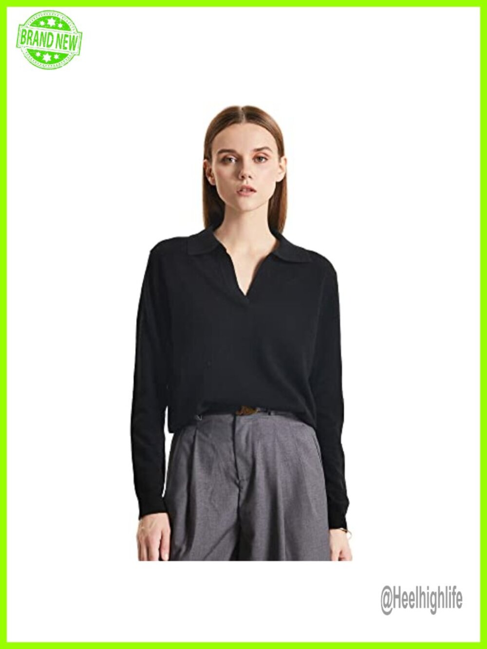 Cashmere Blend Deep V-Polo Oversize Pullover Sweater Loose Fit Long Sleeve